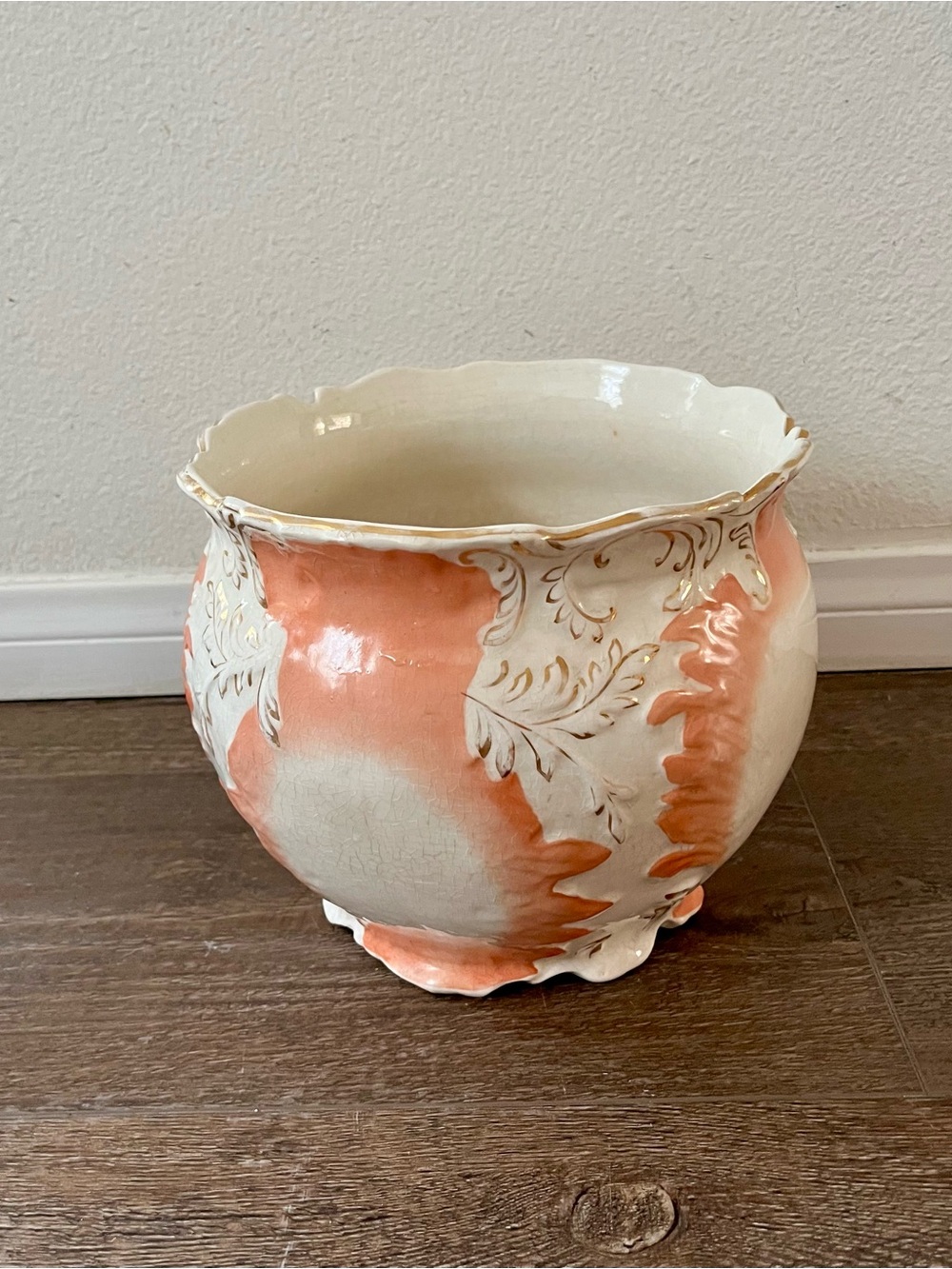 Ornate Coral and Cream Decorative Ceramic Planter from Germany - Picture 1 of 10